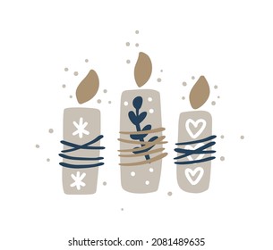 Vector hand drawn scandinavian set of three candles. Cartoon pastel colored doodle candles with snow on white background.