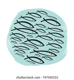 Vector hand drawn school of fish. Poster, postcard, illustration, elements for design and other.