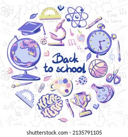 Vector hand drawn school supplies icons: globe, paints, stationery, ball, scissors, student hat, alarm clock, microscope. Set of isolated elements
