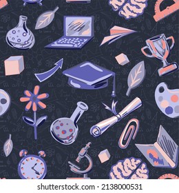 Vector hand drawn school supplies icons: globe, paints, stationery, ball, scissors, student hat, alarm clock, microscope. Seamless pattern for printing on paper and fabrics