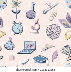 Vector hand drawn school supplies icons: globe, paints, stationery, ball, scissors, student hat, alarm clock, microscope. Seamless pattern for printing on paper and fabrics