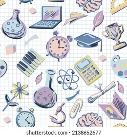 Vector hand drawn school supplies icons: globe, paints, stationery, ball, scissors, student hat, alarm clock, microscope. Seamless pattern for printing on paper and fabrics