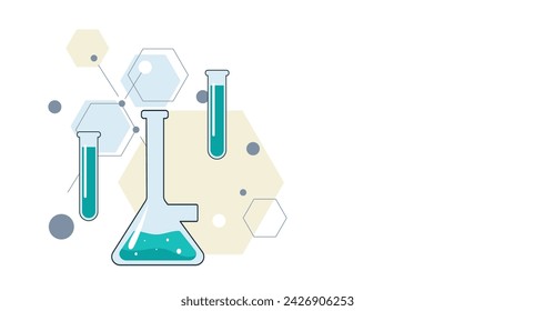 Vector Dibujado a mano Ciencia química, biología, laboratorio de banner médico. Ilustración vectorial en un estilo de garabato plano.