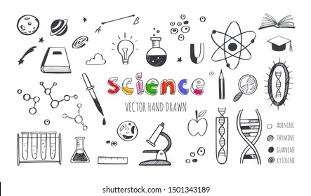 Vector hand drawn Science and Education doodle set. DNA, Biology, Astronomy and other objects. 