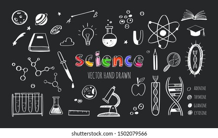 Vector hand drawn Science and Education doodle set. DNA, Biology, Astronomy and other objects. 