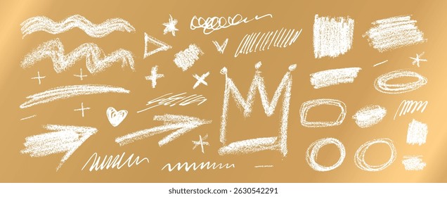 Vector hand drawn scratches for lottery scratch and win tickets. Casino gambling cards design. Grungy arrows, crown, heart and waves. White brush stroke scribble textures isolated on shiny golden bg
