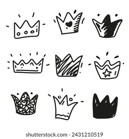 Vector hand drawn scribble crowns. Graphic decorative element.
