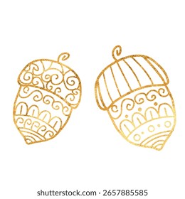 Handgezeichnete Vektorgrafiken einer goldenen Eichel werden auf weißem Hintergrund hervorgehoben. Textur der Schreibgeräte. Handgeschriebene Herbstzeichnungen. Freihand linear einer goldenen Eiche