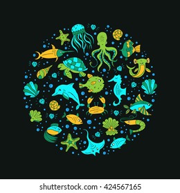 Vector Hand drawn; sea animals: octopus; fishes; shells; fish hammer; turtle, dolphin,crab, jellyfish . Sea and ocean creation. Nautical and sea symbols isolated on dark background. Hand drawn icons.