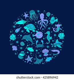 Vector Hand drawn sea animals  octopus, fishes, shells, fish hammer, turtle, dolphin, crab, jellyfish. Sea and ocean creation. Nautical and sea symbols isolated on dark background. Hand drawn icons.