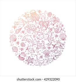 Vector Hand drawn sea animals octopus, fishes, shells, fish hammer, turtle, dolphin, crab  jellyfish. Sea and ocean creation. Nautical and sea symbols isolated on white background. Hand drawn icons. 