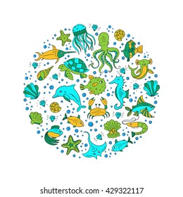 Vector Hand drawn sea animals: octopus, fishes, shells, fish hammer, turtle, dolphin, crab  jellyfish. Sea and ocean creation. Nautical and sea symbols isolated on white background. Hand drawn icons. 