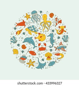 Vector Hand drawn  sea animals octopus, fishes, shells, fish hammer, turtle, dolphin, crab  jellyfish. Sea and ocean creation. Nautical and sea symbols isolated on white background. Hand drawn icons. 