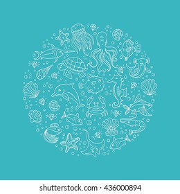 Vector Hand drawn  sea animals: octopus, fishes, shells, fish hammer, turtle, dolphin, crab  jellyfish . Sea and ocean creation. Nautical and sea symbols isolated on background. Hand drawn icons. 