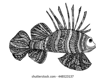Vector hand drawn sea fish. Black and white zentangle art. Ethnic patterned illustration for antistress coloring book, tattoo, poster, print, t-shirt.