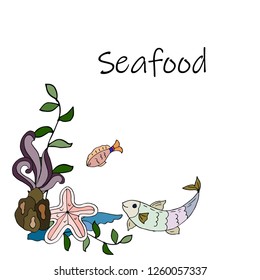 Vector hand drawn sea food Illustration.  Retro sketch background. Template 