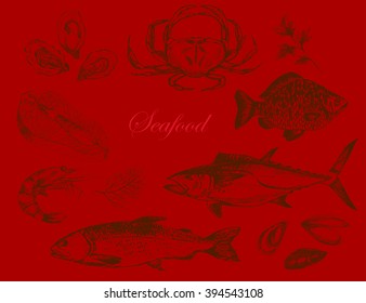 vector hand drawn sea food elements - shrimp, crab, lobster, salmon, oyster, mussel, tuna, trout, carp. mediterranean cuisine seafood sketch