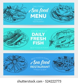 Vector hand drawn sea food banners set. Vintage style. Retro food background. Sketch