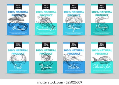 Vector hand drawn sea food cards set. Vintage style. Retro sketch background. Template