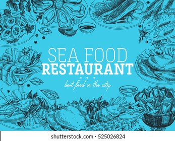 Vector hand drawn sea food Illustration. Vintage style. Retro sketch background. Template