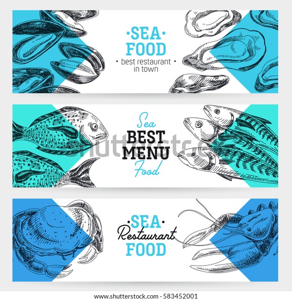 Vector Hand Drawn Sea Food Banners Stock Vector (Royalty Free) 583452001