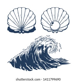 Vector hand drawn sea and ocean waves with sea shell, vector illustration set isolated on white background