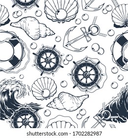 Vector hand drawn sea repeat pattern with helm shell, anchor, pearl, wave