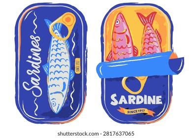 Vector hand drawn sea sardine fish tin cans. Watercolor trendy illustration isolated on white background. Canned seafood, food packaging, label, menu, marine print design elements