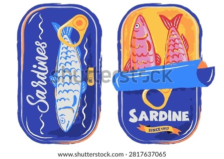 Vector hand drawn sea sardine fish tin cans. Watercolor trendy illustration isolated on white background. Canned seafood, food packaging, label, menu, marine print design elements