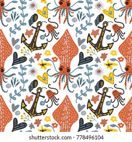  Vector hand drawn sea seamless pattern with various marine animals. Ornate summer illustration squids.