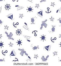 Vector hand drawn sea style  blue color seamless pattern 