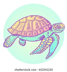 Vector hand drawn sea turtle on a round green background.