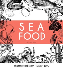 Vector hand drawn seafood banner. Lobster, salmon, crab, shrimp, octopus, squid, clams.Engraved art in square border composition.Delicious menu objects.Use for restaurant, promotion market store flyer