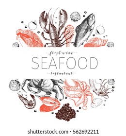 Vector hand drawn seafood banner. Lobster, salmon, crab, shrimp, octopus, squid, clams.Engraved art in border composition. Delicious menu objects. Use for restaurant, promotion market store flyer