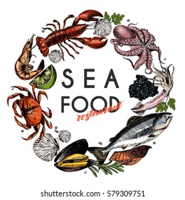 Vector hand drawn seafood banner.colored Lobster, salmon, crab, shrimp, octopus, squid, clams.Engraved art in round border composition.Delicious menu objects. restaurant, promotion market store flyer