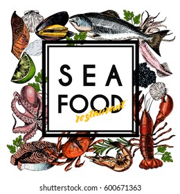 Vector hand drawn seafood banner.colored Lobster, salmon, crab, shrimp, octopus, squid, clams.Engraved art in square border composition.Delicious menu objects. restaurant, promotion market store flyer