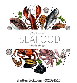 Vector hand drawn seafood banner.colored Lobster, salmon, crab, shrimp, octopus, squid, clams.Engraved art in round border composition.Delicious menu objects. restaurant, promotion market store flyer