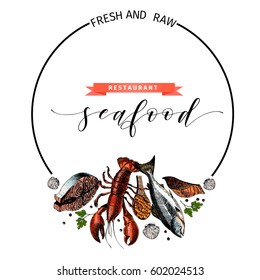 Vector hand drawn seafood banner.colored Lobster, salmon, crab, shrimp, octopus, squid, clams.Engraved art in round border composition.Delicious menu objects. restaurant, promotion market store flyer