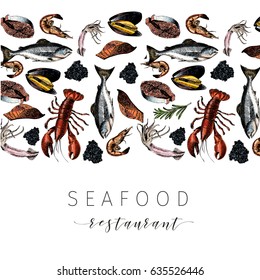 Vector hand drawn seafood banner.colored Lobster, salmon, crab, shrimp, octopus, squid, clams.Engraved art in stripe border composition.Delicious menu objects. restaurant, promotion market store flyer