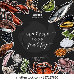 Vector hand drawn seafood banner.colored Lobster, salmon, crab, shrimp, octopus, squid, clams.Engraved art. Sticker. Round template Delicious menu objects restaurant promotion market store flyer