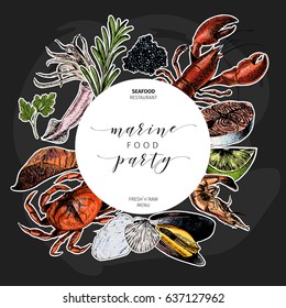 Vector hand drawn seafood banner.colored Lobster, salmon, crab, shrimp, octopus, squid, clams.Engraved art. Sticker. Round border template. menu objects. restaurant promotion market store flyer