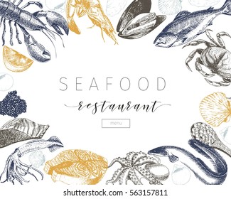 Vector hand drawn seafood banner.Lobster, salmon, crab, shrimp, octopus, squid, clams.Engraved art in square border composition.Delicious menu objects. Use for restaurant, promotion market store flyer