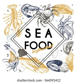 Vector hand drawn seafood banner.Lobster, salmon, crab, shrimp, octopus, squid, clams.Engraved art in border composition.Delicious menu objects. Use for restaurant, promotion market store flyer
