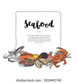 Vector hand drawn seafood elements gathered below frame with place for text illustration