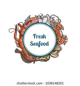 Vector hand drawn seafood elements under framed circle with place for text illustration