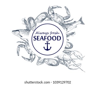 Vector hand drawn seafood logo. Lobster, salmon, crab, shrimp, octopus, squid, clams.