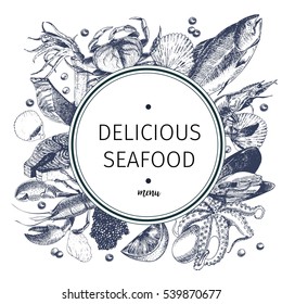 Vector hand drawn seafood logo. Lobster, salmon, crab, shrimp, octopus, squid, clams.Engraved art in round border composition. Delicious menu objects. Use for restaurant, promotion market store banner