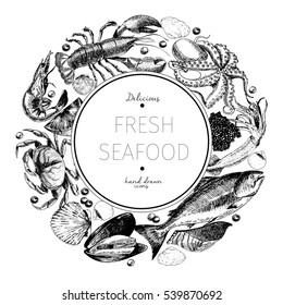 Vector hand drawn seafood logo. Lobster, salmon, crab, shrimp, octopus, squid, clams.Engraved art in round border composition. Delicious menu objects. Use for restaurant, promotion market store banner