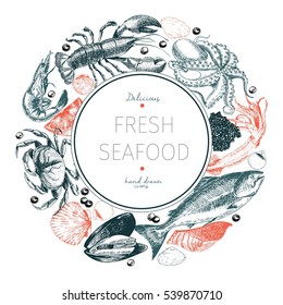 Vector hand drawn seafood logo. Lobster, salmon, crab, shrimp, octopus, squid, clams.Engraved art in round border composition. Delicious menu objects. Use for restaurant, promotion market store banner