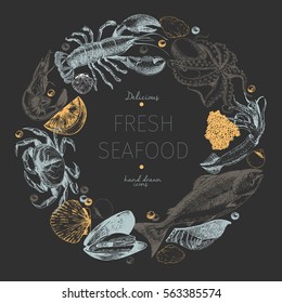 Vector hand drawn seafood logo. Lobster, salmon, crab, shrimp, octopus, squid, clams.Engraved art in round border composition. Delicious menu objects. Use for restaurant, promotion market store banner